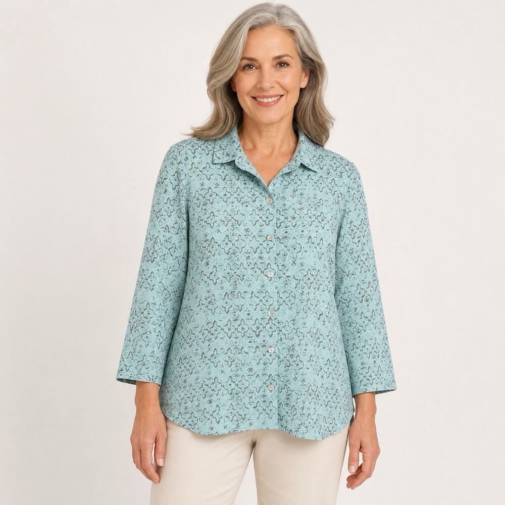 Habitat Clothes Button Up Top Large Airy Light Blue Patterned A Line Tunic Boho
